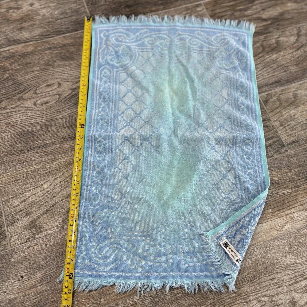Vintage 1960s 1970s Martex Blue Ornate Hand Towel Fringe Made USA Cotton MCM
